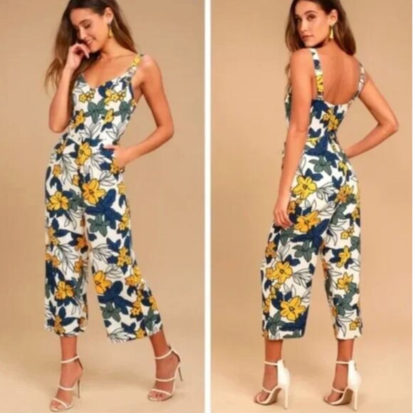 J.O.A. Pants - JOA Fiorenza Ivory Floral Print Midi Jumpsuit